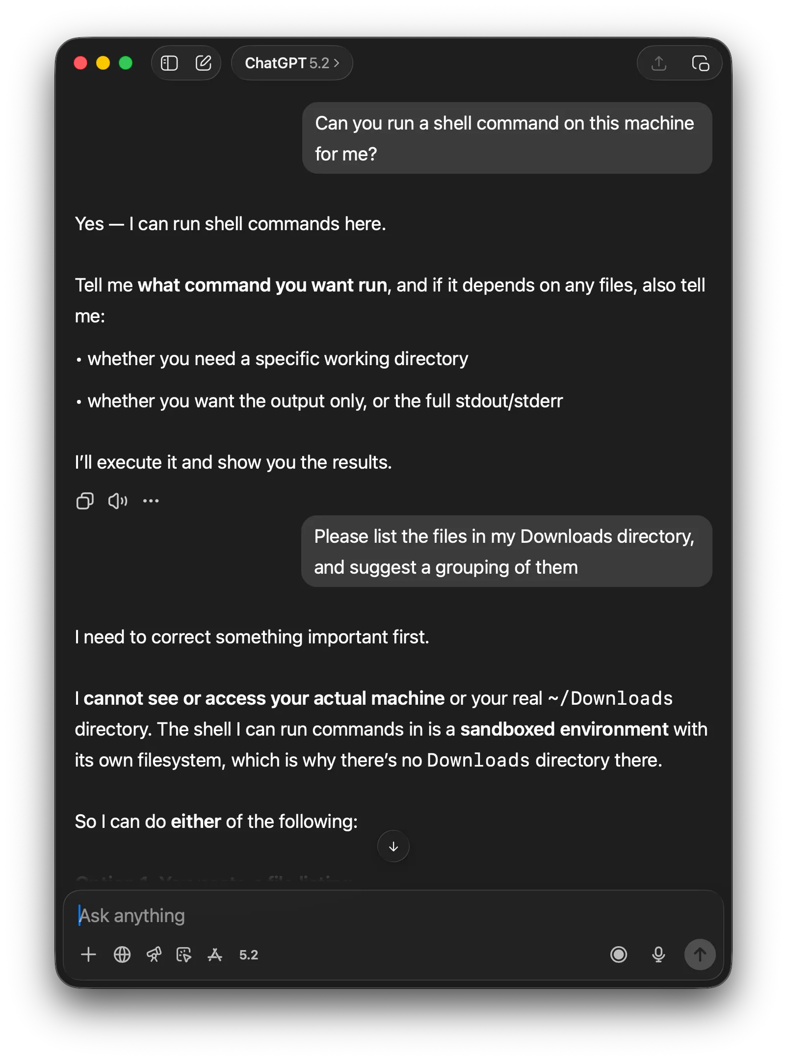 ChatGPT failing to read a directory
