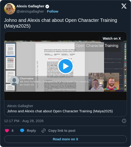 A tweet of Johno and me livestreaming a discussion of the Open Character Training paper