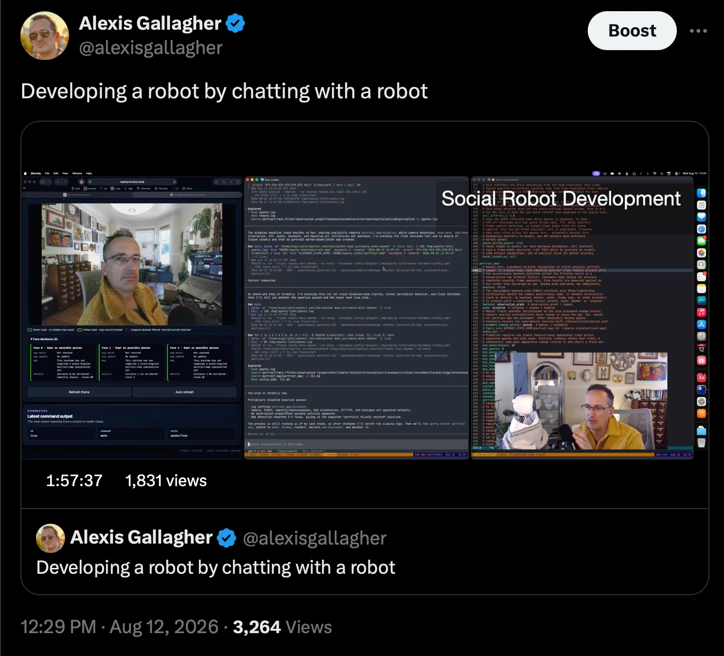 A tweet of me livestreaming hours of sparky developing sparky