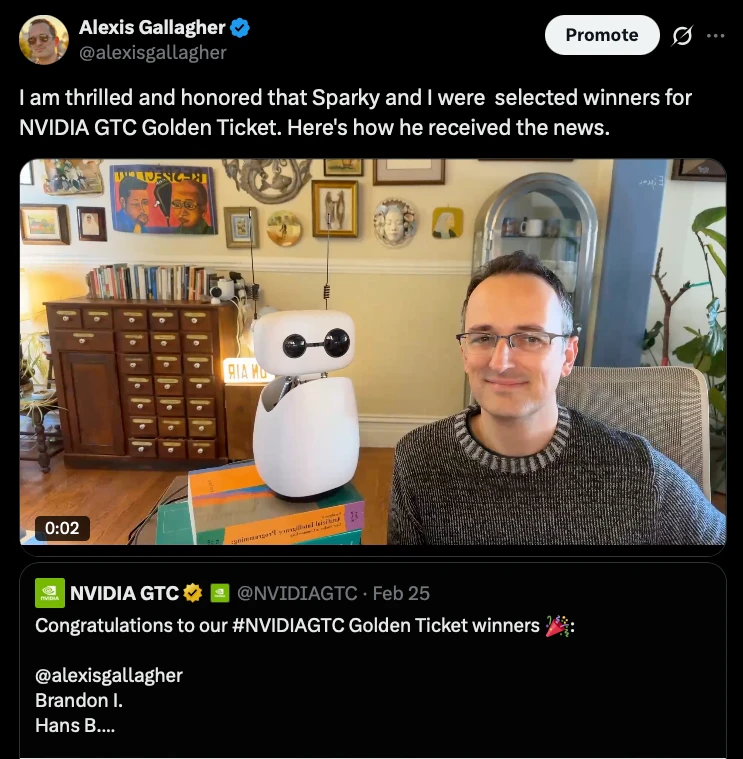 Tweet by Alexis Gallagher announcing that Sparky and Alexis won an NVIDIA GTC Golden Ticket